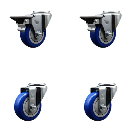 Service Caster 3.5'' Blue Poly Wheel Swivel Bolt Hole Caster Set with 2 Posi Lock Brakes, 4PK SCC-BH20S3514-PPUB-BLUE-PLB-2-S-2